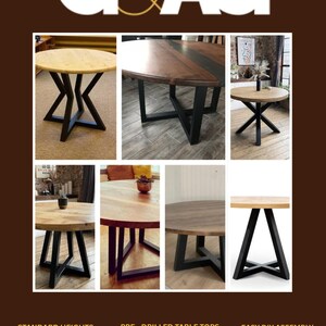 May include: A collage of round wooden tables with black metal X-shaped legs. Text includes G&AG, STANDARD HEIGHTS, Coffee Table Height: 18 Inches, Dining Table Height: 28 Inches, PRE-DRILLED TABLE TOPS, and EASY DIY ASSEMBLY with Allen Key and D Nuts.