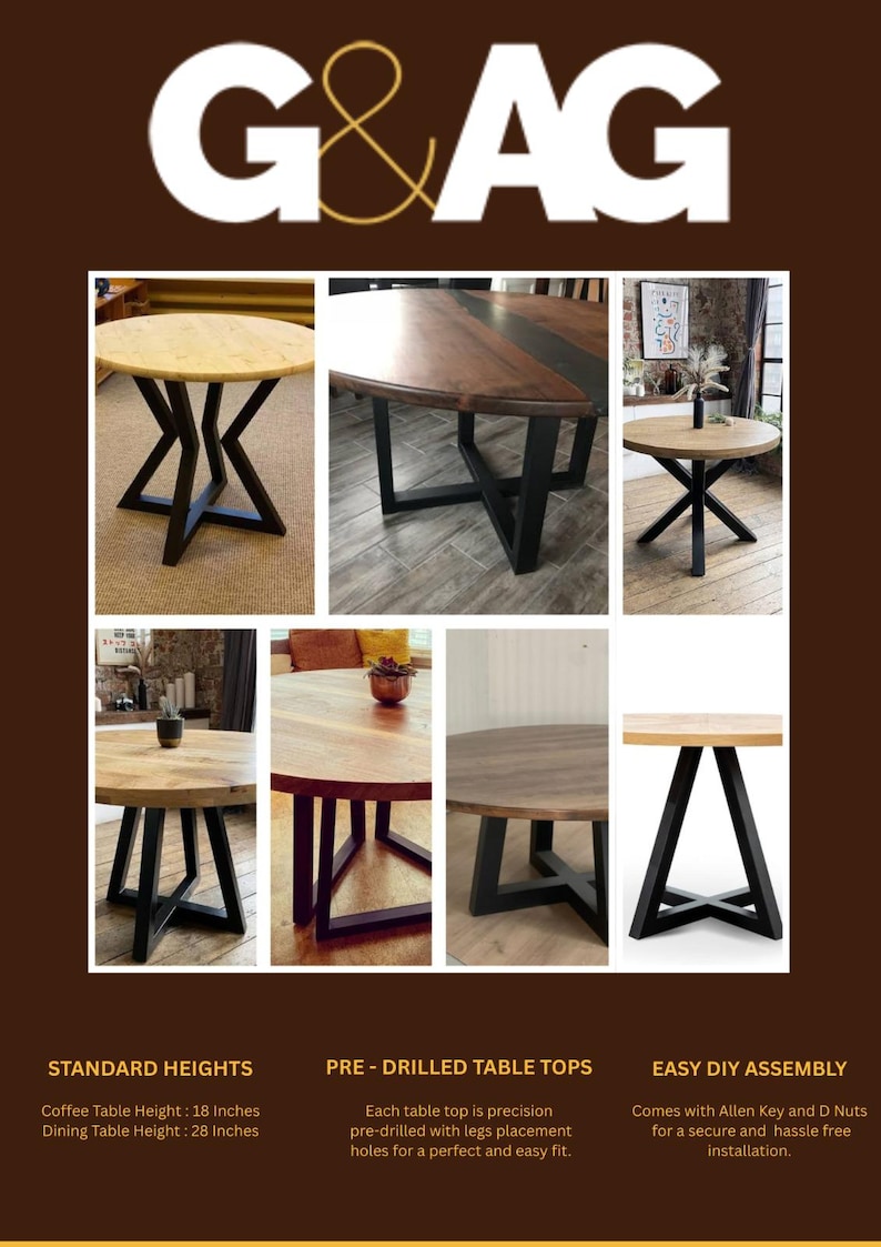 May include: A collage of round wooden tables with black metal X-shaped legs. Text includes G&AG, STANDARD HEIGHTS, Coffee Table Height: 18 Inches, Dining Table Height: 28 Inches, PRE-DRILLED TABLE TOPS, and EASY DIY ASSEMBLY with Allen Key and D Nuts.