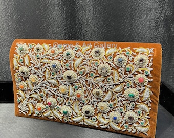 Luxury Zardozi Velvet Clutch with Semi-Precious Stones | Hand-Embroidered Floral Evening Bag | Wedding & Festive Purse | Made in Agra
