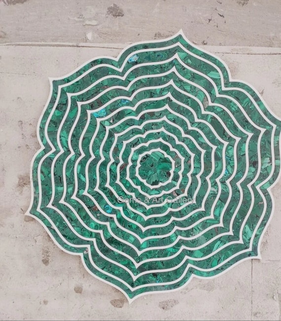 Flower Malachite Table Top with Brass Inlay work / Coffee Table / With Legs (Size 18x18x21 inches)