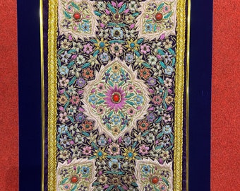 Handcrafted Zardozi Tapestry Wall Hanging | Indian Embroidery Art with Real Gemstones | Ornate Floral Decor, Hand Embroidered