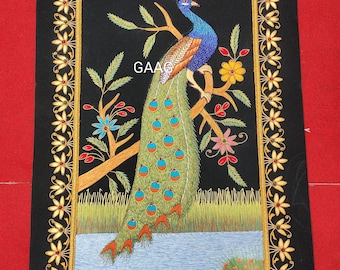 Silk Peacock Jewel Art Wall Hanging - Hand Embroidered on Velvet with Gemstones (51x01x76 cm)