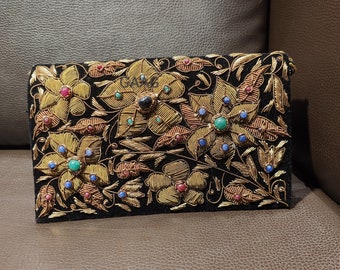 Luxury Zardozi Velvet Clutch with Semi-Precious Stones | Hand-Embroidered Floral Evening Bag | Wedding & Festive Purse (Size 8x5x2 Inches)