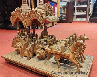 Mahabharat Chariot made of Plain Teak Wood (Depicts an Iconic scene from Indian mythology epic Mahabharata)