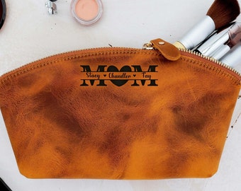 Personalized Leather Makeup Bag, Mom Gift, Bridesmaid Gift