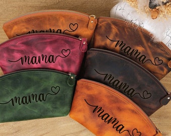 Personalized Leather Makeup Bag, Mama Cosmetic Bag, Toiletry Pouch