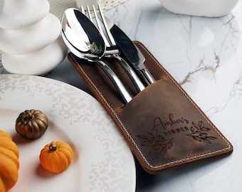 Personalized Leather Cutlery Pouch, Restaurant Silverware Holder