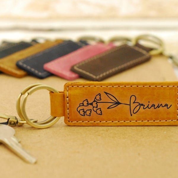 PERSONALIZED Mother's Day Gift Ideas, Custom Name Birth Flower Keychain, Dainty Keyring, Leather Keychain, Sister Gift, Best Friend Gift