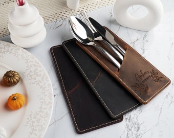 Custom Leather Cutlery Holder, Logo Engraved Restaurant Flatware Pouch