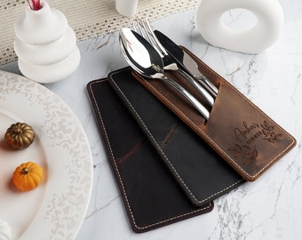 Custom Leather Cutlery Holder, Restaurant Cutlery Holder, Logo Engraved Cutlery Pouch, Flatware Fork,Knife,Spoon Holder, Zero Waste Cutlery