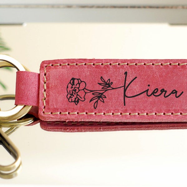 Personalized Mother's Day Gift Ideas, Birth Flower Keychain with Name Personalized,Bridesmaid Customized Leather Gift Ideas,Leather Keychain