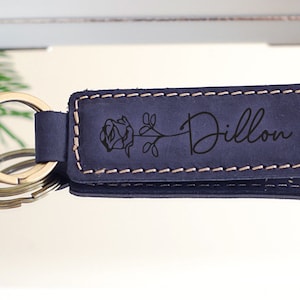 PERSONALIZED Mother's Day Gift Ideas, Custom Name Birth Flower Keychain, Dainty Keyring, Leather Keychain, Sister Gift, Best Friend Gift Midnight Navy