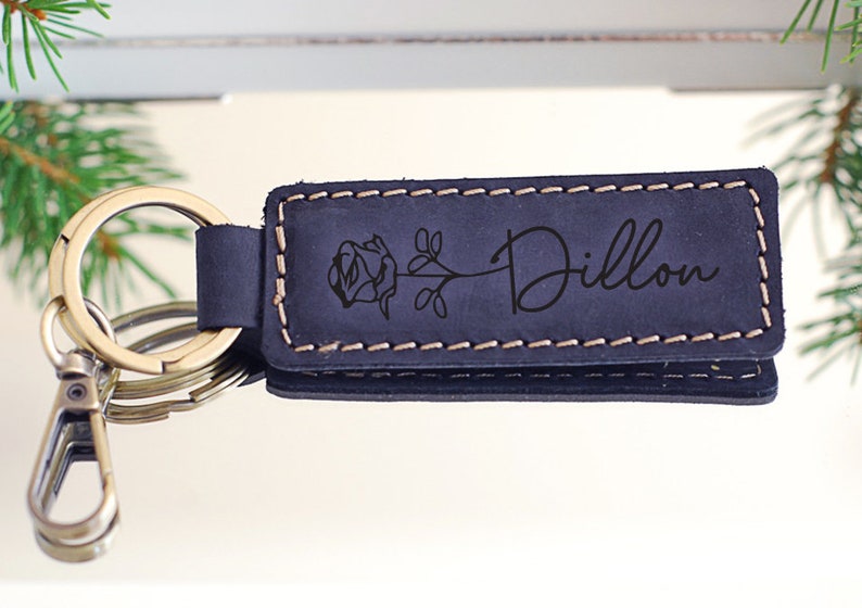 PERSONALIZED Mother's Day Gift Ideas, Custom Name Birth Flower Keychain, Dainty Keyring, Leather Keychain, Sister Gift, Best Friend Gift Midnight Navy