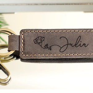 PERSONALIZED Mother's Day Gift Ideas, Custom Name Birth Flower Keychain, Dainty Keyring, Leather Keychain, Sister Gift, Best Friend Gift Grey