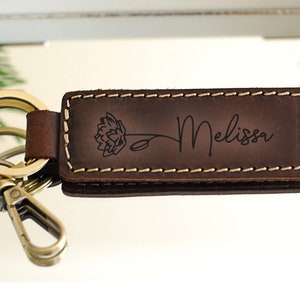 PERSONALIZED Mother's Day Gift Ideas, Custom Name Birth Flower Keychain, Dainty Keyring, Leather Keychain, Sister Gift, Best Friend Gift Chestnut