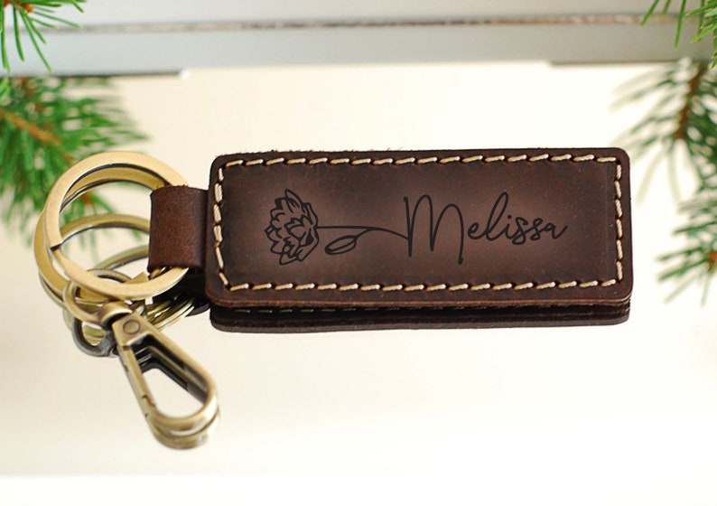 PERSONALIZED Mother's Day Gift Ideas, Custom Name Birth Flower Keychain, Dainty Keyring, Leather Keychain, Sister Gift, Best Friend Gift Chestnut