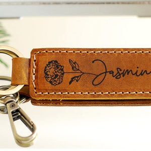 PERSONALIZED Mother's Day Gift Ideas, Custom Name Birth Flower Keychain, Dainty Keyring, Leather Keychain, Sister Gift, Best Friend Gift Brown