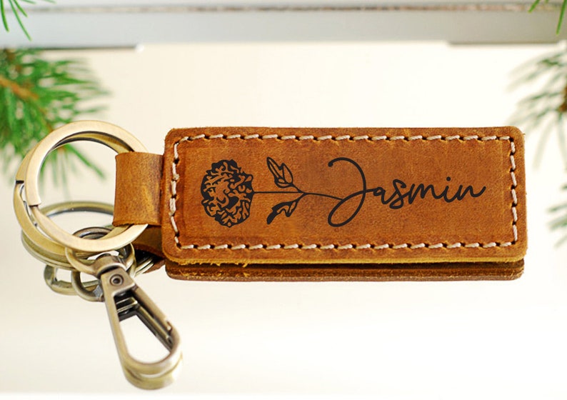 PERSONALIZED Mother's Day Gift Ideas, Custom Name Birth Flower Keychain, Dainty Keyring, Leather Keychain, Sister Gift, Best Friend Gift Brown