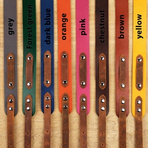May include: Ten leather straps in different colors, including cappuccino, grey, forest green, dark blue, orange, pink, chestnut, brown, yellow, and nude. Each strap has a brown leather patch with stitching and two silver rivets.