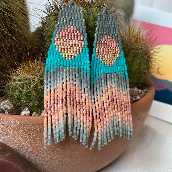 Turquoise and Rose Handsewn beaded Earrings