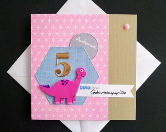 Bunte Geburtstagskarte zum 3. 4. 5. 6. 7. 8. 9. Geburtstag Junge Mädchen personalisiert Name Dinosaurier Geldgeschenk pink