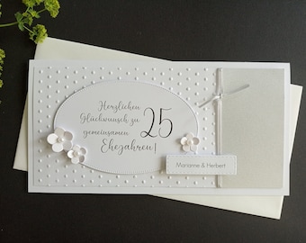 Personalized card for a silver wedding anniversary (25th wedding anniversary) with names and a cash gift