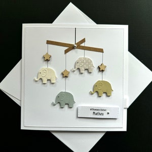 Cartão vintage delicado neutro para nascimento, batismo de bebê, nome personalizado, elefante, presente em dinheiro