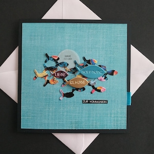 Kaartbevestiging communie doop Vissen meisje Turquoise geld cadeau gepersonaliseerde naam