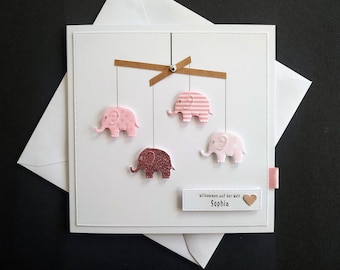 Niedliche Karte zur Geburt Baby personalisiert Name Mädchen Elefanten rosa Geldgeschenk