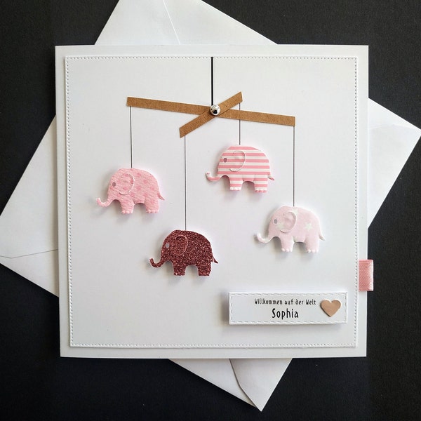 Niedliche Karte zur Geburt Baby personalisiert Name Mädchen Elefanten rosa Geldgeschenk