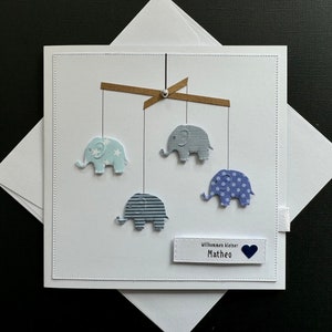 Linda tarjeta para el nacimiento de un bebé, nombre personalizado, niño, elefante, regalo de dinero azul
