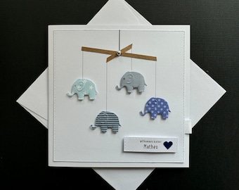 Lindo cartão de nascimento personalizado para bebê com nome, menino, desenho de elefante, azul e presente em dinheiro.