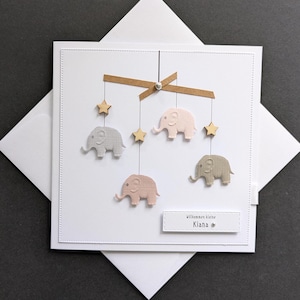 Neutral delicate vintage card for birth baby baptism personalized name elephant money gift