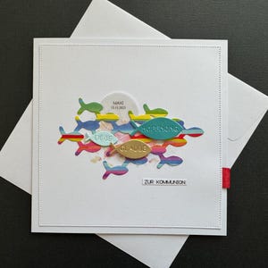 Karte zur Konfirmation Kommunion Firmung Taufe bunte Fische Personalisiert Name Geldgeschenk