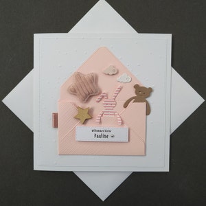 Jolie carte de naissance pour bébé fille avec nom personnalisé et cadeau en espèces
