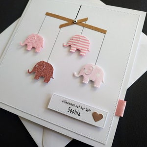 Niedliche Karte zur Geburt Baby personalisiert Name Mädchen Elefanten rosa Geldgeschenk Bild 3