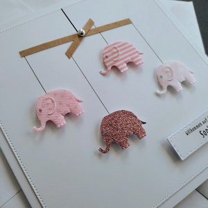 Niedliche Karte zur Geburt Baby personalisiert Name Mädchen Elefanten rosa Geldgeschenk Bild 2