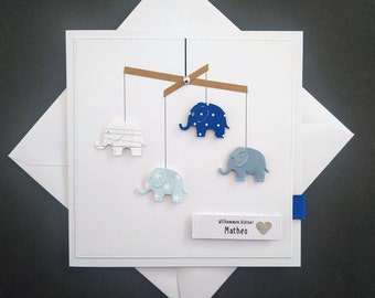 Niedliche Karte zur Geburt Baby personalisiert Name Junge Elefanten blau Geldgeschenk