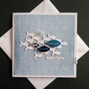 Maritime Karte Konfirmation Kommunion Firmung Taufe Fische jeans blau Mädchen Junge Geldgeschenk Personalisiert Name