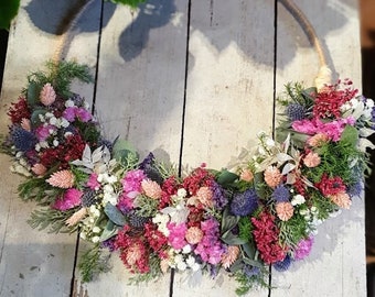 Flowerhoop "pink/blue/white" dry wreath, dried flowers, thistle, eucalyptus, grain,