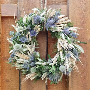 Door wreath DISTEL-LIEBE W., blue thistles with wheat and oats, grain, olive green, pure nature image 2