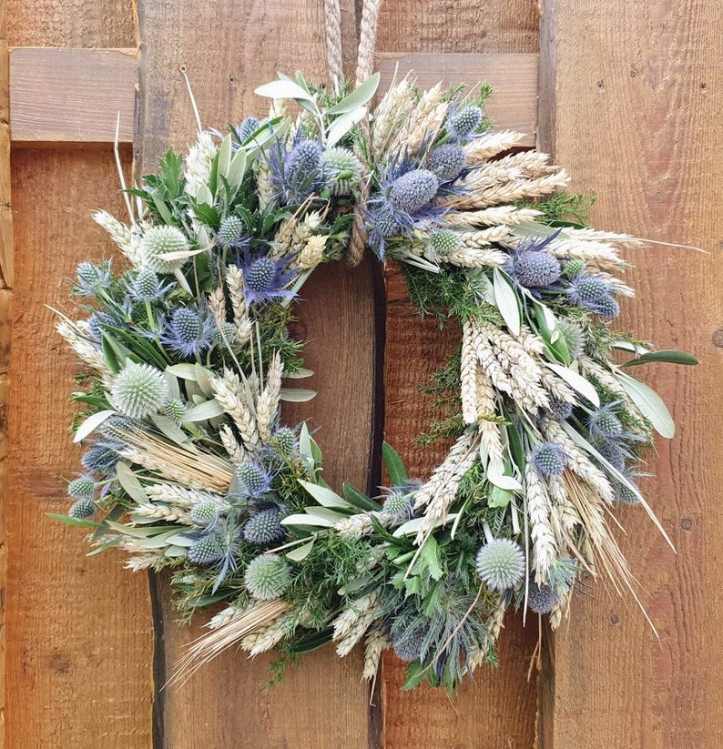 Door wreath DISTEL-LIEBE W., blue thistles with wheat and oats, grain, olive green, pure nature image 2