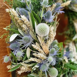 Door wreath DISTEL-LIEBE W., blue thistles with wheat and oats, grain, olive green, pure nature image 4