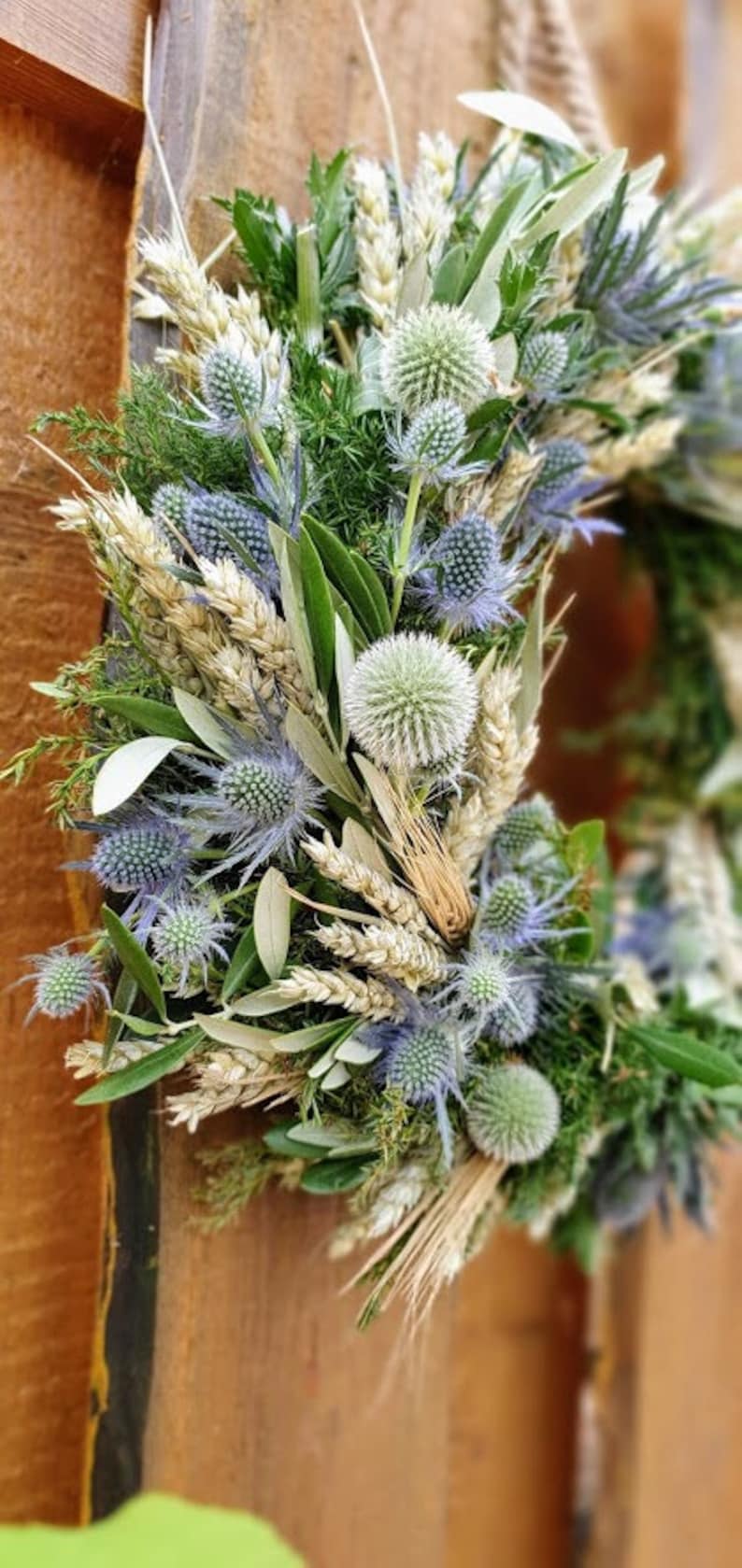 Türkranz DISTEL-LIEBE W., blaue Disteln mit Weizen und Hafer, Getreide, Olivengrün, Natur pur Bild 4