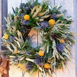 Door wreath DISTEL-LIEBE with Craspedia drum beater, dry wreath, door decoration, table wreath, pure nature image 2