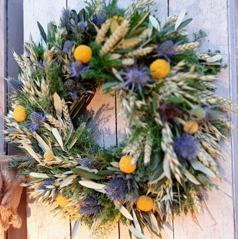 Door wreath DISTEL-LIEBE with Craspedia drum beater, dry wreath, door decoration, table wreath, pure nature image 2