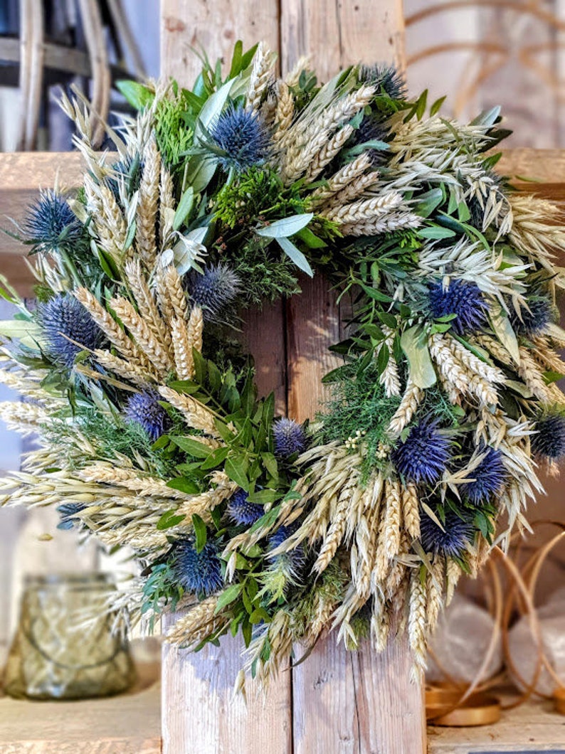 Door wreath DISTEL-LIEBE W., blue thistles with wheat and oats, grain, olive green, pure nature image 1