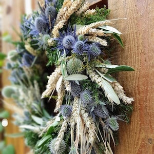 Door wreath DISTEL-LIEBE W., blue thistles with wheat and oats, grain, olive green, pure nature image 5