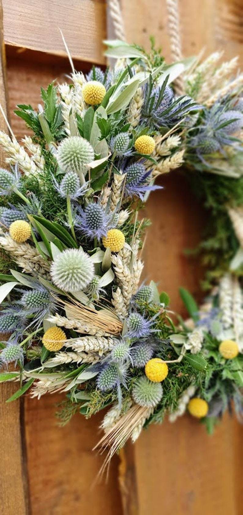 Türkranz DISTEL-LIEBE mit Craspedia Trommelschläger, Trockenkranz, Türdeko, Tischkranz, Natur pur Bild 5