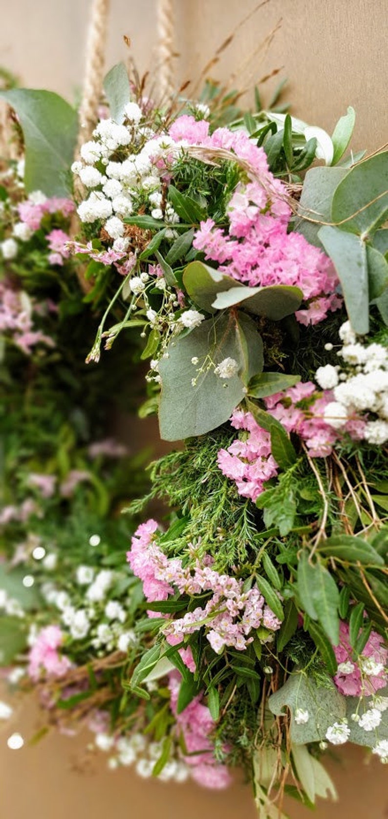 Türkranz rosa-green-HARMONY frischer Naturkranz mit Euca, Buchsbaum, Euphorbia ,Strandflieder, Schleierkraut Bild 5